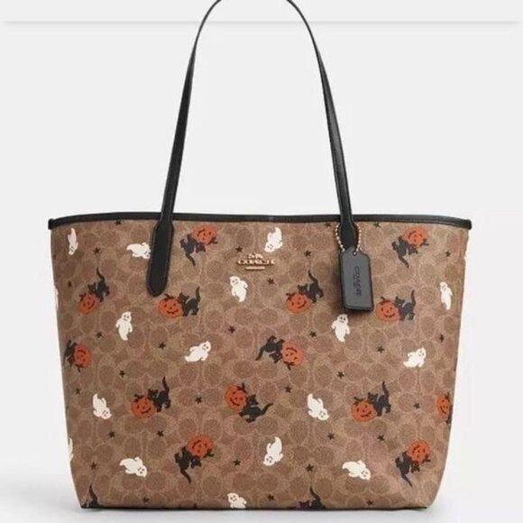 Coach Stylish Tan Tote Bag with Halloween Print - Picture 1 of 5